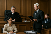 A formal British courtroom in session shows a serious male judge presiding while legal representatives sit at opposing benches. Two defendants appear via video link on a screen in the background. Court clerks and jurors observe attentively, symbolising efficient, modernised justice with remote hearings and digital legal access.