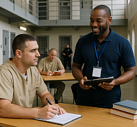 A modern correctional facility classroom where an inmate in uniform participates in a one-on-one rehabilitation session with a professional therapist. Educational materials, a whiteboard, and clean surroundings highlight a progressive prison environment focused on education, mental health support, and reintegration into society.