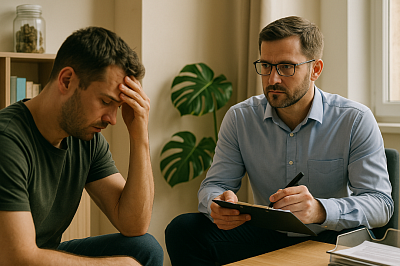 A counselling session in a well-lit rehabilitation centre shows a young adult speaking with a licensed addiction therapist across a small round table. A motivational poster and drug awareness materials are visible in the background, symbolising mandatory rehab, education, and supportive intervention for drug-related offences.