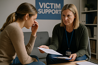 A compassionate support session between two Caucasian women takes place in a private counselling room. One woman, visibly emotional, holds a tissue while the other offers reassurance and attentively listens. A clipboard and resource leaflets are visible on the table, representing victim-centred justice, counselling, and dedicated support services.