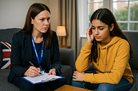 A British domestic abuse court scene features a light-skinned female victim speaking with a female legal advocate in a private consultation room. UK legal documents and signage are visible on the wall, while a security officer stands near a door labeled 