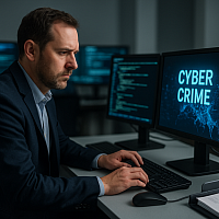 A professional male cybercrime officer in a dark suit monitors multiple screens in a modern digital forensics lab. The displays show code, user profiles, and network traces. The setting reflects the UK's commitment to tackling online crime, enhancing digital policing, and enforcing identity verification on social media platforms.