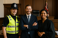 A smiling British police officer in uniform shakes hands with a diverse group of local residents outside a modern courthouse. The sunlit scene captures a moment of trust and connection, symbolising a justice system that is fair, approachable, and dedicated to serving the public.