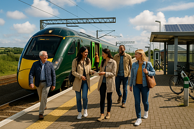 Passengers of diverse backgrounds board a modern British electric train at a regional platform on a sunny day. Overhead electric lines, clear signage, and bike racks reflect sustainable, connected travel. The image represents affordable, inclusive transport and regional development across the United Kingdom.