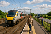 A high-resolution photograph captures a modern British regional train arriving at a rural platform surrounded by green hills and small village buildings. Local passengers wait to board, and clear rail signage indicates a well-connected transport link. The scene reflects renewed rail investment and improved access for rural communities across the UK.