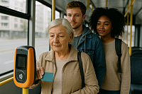 Three diverse passengers board a modern city bus. An elderly woman taps a teal travel card on a bright orange contactless payment machine, while a young man and woman wait patiently behind her, both carrying backpacks. Natural daylight filters through large bus windows, illuminating the interior with yellow poles and soft shadows. The scene highlights affordable, accessible public transport for pensioners, students, and low-income commuters.