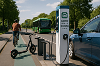 A high-resolution suburban street scene showcasing sustainable transport: a metallic blue electric vehicle charges at a public EV charging station, a green electric bus approaches in the background, a cyclist rides on a protected bike lane, and e-scooters are neatly docked nearby. Surrounded by lush green trees under a clear sky, the image represents eco-friendly urban mobility and green infrastructure investment.