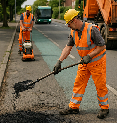 A realistic photo of road maintenance workers repairing a pothole on a suburban street. One worker in high-visibility orange gear and a yellow hard hat shovels fresh asphalt, while another compacts the surface with a plate compactor. A third worker stands near an orange dump truck unloading asphalt. The road is lined with trees and residential houses, with an electric bus and e-scooters visible in the background, symbolising infrastructure upgrades and sustainable transport.