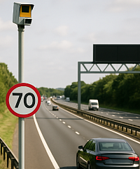 A high-resolution photo of a British motorway during the day shows a grey car driving under a clear sky with scattered clouds. A yellow speed camera is mounted on a tall pole next to a 70 mph speed limit sign. The road is bordered by green trees, and an empty overhead gantry spans the highway in the background. The image represents road safety, smart traffic monitoring, and motorway policy improvements.