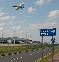 A high-resolution photo of a commercial airplane taking off from a regional airport on a clear day. The white twin-engine jet ascends into a bright blue sky dotted with soft clouds. In the background, a modern glass-fronted terminal and control tower sit behind a secure fence. A clean, empty dual carriageway with bike signage runs in the foreground, representing regional airport connectivity, cleaner aviation, and smart transport infrastructure.