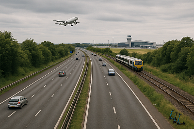 A high-resolution photo captures an integrated UK transport network featuring a four-lane motorway, a parallel railway line with a modern passenger train, and a white commercial aircraft taking off in the distance near a regional airport terminal. The scene is framed by green trees and fields under an overcast sky, representing a balanced, people-focused national infrastructure serving road, rail, and air travel.