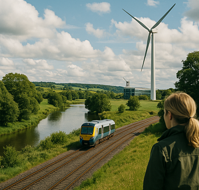A high-resolution photo of a modern train traveling alongside a winding river through lush green countryside under a partly cloudy sky. A large wind turbine towers above the landscape near a contemporary glass building, while a woman in a green jacket observes the view from the grassy hill in the foreground. The image represents sustainable infrastructure, clean energy, environmental stewardship, and people-focused green policy.