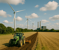 A high-resolution photo of a rural British landscape shows a green tractor ploughing a golden-brown field under a partly cloudy sky. Wind turbines stand tall in the background alongside a coal-fired power station, symbolising a balance between traditional energy and renewable sources. The surrounding countryside features lush trees and open farmland, reflecting practical climate adaptation and energy resilience.