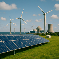 A high-resolution photo of a renewable energy landscape features a solar panel array in the foreground, several white offshore wind turbines near the coast, and a modern nuclear power station with domed reactors and a cooling tower in the background. The scene is set against a clear blue sky with scattered clouds, surrounded by lush green grass, symbolising energy security, innovation, and a sustainable low-carbon future for Britain.