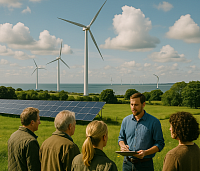 A high-resolution photo shows a group of five people standing in a green field, discussing a renewable energy project in front of solar panels and large offshore wind turbines. The scene overlooks a coastal horizon under a partly cloudy sky, symbolising community involvement, local ownership, and sustainable investment in clean energy sources such as solar and wind power.