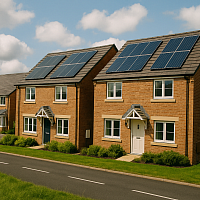 A high-resolution photo of a row of modern two-story brick houses with solar panels installed on their rooftops. The homes feature dark grey roof tiles, double-glazed windows, and landscaped front gardens. Set beneath a partly cloudy blue sky, the image highlights energy-efficient housing, renewable energy integration, and sustainable building practices in a residential British neighbourhood.