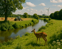 A high-resolution photo of a vibrant rural landscape features a chestnut deer standing beside a winding river under a bright blue sky with scattered clouds. In the background, a farmer operates a tractor in a golden field bordered by grazing horses and tall trees, while wind turbines rise beyond a distant forest. The image highlights biodiversity, regenerative farming, rewilding, and the harmony between nature, agriculture, and clean energy.