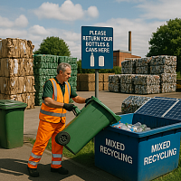 A high-resolution photo of a middle-aged sanitation worker in an orange reflective uniform emptying a green recycling bin into a large blue “MIXED RECYCLING” container at a well-organized recycling center. The background features neatly stacked bales of compressed plastic, cardboard, and metal, alongside a sign encouraging bottle and can returns. The image highlights recycling initiatives, waste reduction, and environmentally responsible