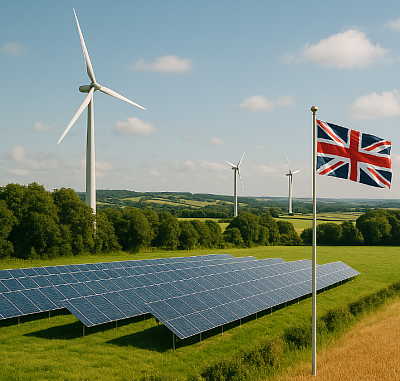 A high-resolution photo of a British countryside scene shows a modern solar farm and wind turbines operating side by side near a small substation facility. In the foreground, a narrow rural road leads past rolling green fields and toward the clean energy infrastructure. The sky is partly cloudy with patches of blue, symbolising the intersection of sustainability, national energy security, and long-term environmental responsibility.