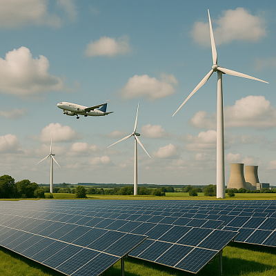 A high-resolution photo of a balanced UK energy and environment landscape features a modern wind turbine on a grassy hill, solar panels arranged in neat rows, and a small nuclear facility in the distance. The foreground includes farmland and a winding road leading through rolling countryside. The image symbolises energy independence, ecological resilience, and practical environmental policy.