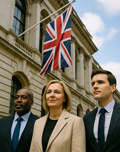 A high-resolution photo of a diverse group of British professionals standing outside a government building with Union Jack flags visible in the background. The group includes individuals of different ethnicities and genders, dressed in business attire, engaged in discussion and reviewing documents. The scene represents independent diplomacy, strategic leadership, and national interest-focused foreign policy.