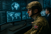 A British soldier in digital camouflage uniform monitors multiple cyber surveillance screens in a secure control room. With a Union Jack patch on his arm and a headset on, he analyzes digital maps, code, and drone footage, representing modern UK defence strategy, cyber warfare, and AI-driven national security.
