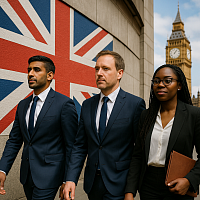 Three professionally dressed British individuals—Caucasian, South Asian, and Black—walk confidently past a large Union Jack flag with Big Ben in the background. The image symbolizes post-Brexit unity, diversity, and the UK’s forward-looking role in global trade and national industry.