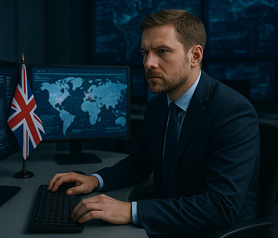 A focused British cybersecurity analyst in a navy suit monitors global threat data on multiple high-tech screens in a secure operations room. A small Union Jack flag sits beside him, symbolizing national defence, intelligence infrastructure, and the UK’s commitment to cyber resilience and strategic neutrality.