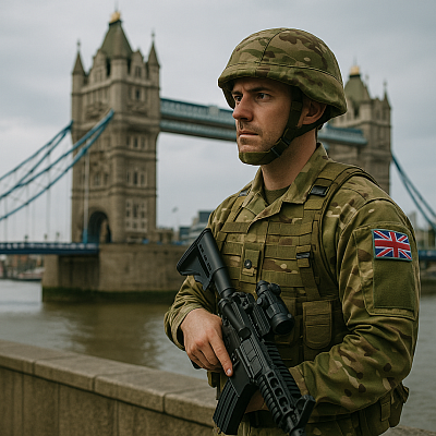A British soldier in modern camouflage uniform stands guard near Tower Bridge in London, holding a tactical rifle. The Union Jack patch on his sleeve symbolizes national defence and homeland security. The image highlights the UK Armed Forces’ focus on territorial protection, rapid response, and military modernisation.