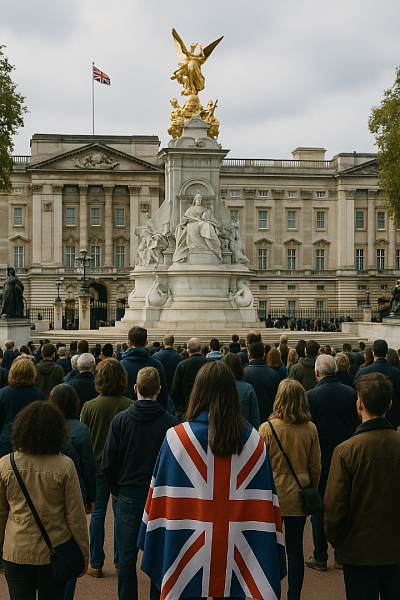 A photograph captures a diverse crowd of British citizens from behind, gathered at the Victoria Memorial in London. In the foreground, a young woman is draped in a Union Jack flag, symbolizing unity and national pride. The group, composed of people of various ethnicities and ages, stands in front of the grand Buckingham Palace, with the Union Jack flying above and the golden-winged statue of the memorial rising prominently. The scene evokes a powerful sense of cultural identity, heritage, and modern togetherness in the heart of the United Kingdom.