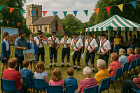 A photograph captures an outdoor community event in a rural British village, celebrating tradition and the arts. In the foreground, children and elderly locals sit on blue chairs watching a Morris dance troupe perform in colorful traditional attire, complete with hats, bells, and ribbons. Behind them, a South Asian artist guides schoolchildren in a painting activity, showcasing cultural inclusion. The scene is framed by a historic stone church, a green-striped festival tent, and multicolored bunting, reflecting vibrant civic life, local heritage, and diverse artistic talent in the UK.