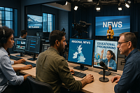 A high-resolution photograph captures a modern broadcast studio in the UK, where a diverse team of producers and journalists work on regional and educational programming. In the foreground, three professionals use editing software, microphones, and large monitors displaying 