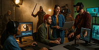 A high-resolution photograph captures a vibrant UK film production studio, where a diverse creative team collaborates on set. In the foreground, a young Black woman edits video footage on a dual-screen workstation, while a bearded man in a red beanie and a female producer review content on a laptop. A headset-wearing director oversees the scene. In the background, a medieval-themed actor wields a sword in front of a green screen under warm studio lights, symbolising Britain’s dynamic film and digital arts industry. The image reflects modern talent, cultural diversity, and creative apprenticeship opportunities.