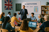 A high-resolution photograph captures a British school classroom where students of diverse backgrounds engage in a civic education lesson. A male teacher in a suit stands at the front, leading a discussion on UK institutions, with a whiteboard behind him displaying key topics such as Parliament, The Law, and Monarchy. Union Jack flags are held by students at their desks, and educational materials, including a map of the UK and laptops, are visible. The scene reflects national pride, inclusivity, and the promotion of shared values through education in England, Scotland, Wales, and Northern Ireland.