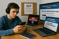 A high-resolution photograph depicts a teenage boy sitting at a wooden desk, wearing headphones and using a smartphone. In front of him, a laptop screen displays an 