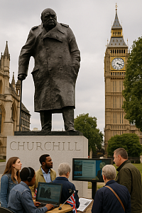 A high-resolution photograph captures the bronze statue of Winston Churchill in London, standing prominently on a stone pedestal inscribed with his name. In the background, the Palace of Westminster and the Elizabeth Tower (Big Ben) rise under a cloudy sky. A diverse group of people gathers at the base of the statue, engaging with educational displays on nearby screens and laptops. The scene reflects a respectful approach to British history, promoting learning, dialogue, and national memory without erasure.