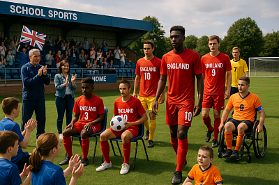 A high-resolution photograph captures a proud moment at a grassroots football event in the UK. A diverse team of young players in red 
