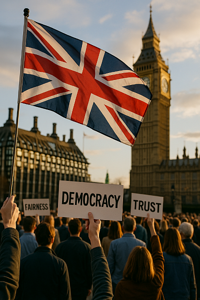 A photograph captures a political rally in front of the Palace of Westminster, with a diverse crowd holding signs reading “Democracy,” “Trust,” and “Fairness.” The British flag waves prominently in the foreground, symbolising national unity. The late afternoon sunlight casts a warm glow over the historic architecture of Big Ben, evoking a sense of hope and civic engagement.