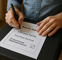 A realistic close-up photograph of a voter marking a ballot paper in a polling booth. The ballot is properly oriented toward the voter and shows clearly marked options between First Past the Post and Proportional Representation. The voter's hand is seen selecting the fairer option with a black pen. The background features warm wood tones and a black ballot box, emphasizing themes of electoral reform, democratic choice, and voting system change in the UK.