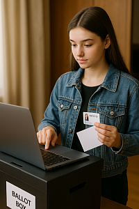 A realistic photograph of a teenage girl voting securely using a laptop placed on a ballot box. She holds a voter ID card and a blank voting slip while interacting with the device. The setting features warm indoor lighting, reflecting secure, accessible online voting, youth participation from age 16, and voter identification in a modern British electoral process.