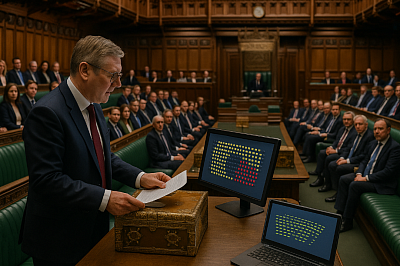 A realistic, high-resolution photo of the UK House of Commons during a live parliamentary session. An MP in a navy suit reads from a document at the despatch box, while digital voting displays in front of him show attendance and voting results. The iconic green benches are filled with seated members, highlighting a streamlined, modern parliament with transparent processes and reduced members. Ideal for themes of legislative reform, accountability, and digital democracy in Britain.