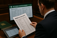 A realistic photograph of a British MP reviewing a printed list of financial declarations at a wooden desk in Parliament. Two digital screens in front of him display itemised expenses and registers of financial interests. The scene reflects transparency, independent oversight, and accountable governance in modern UK politics, set against a backdrop of traditional parliamentary furnishings and official documents.