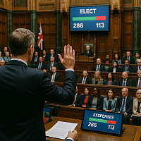 A realistic photograph of a formal parliamentary session in a reformed British upper chamber. A man raises his hand while standing at a podium with digital vote counts displayed on monitors. The chamber features red leather benches and Gothic architectural details, with diverse seated members listening attentively. The scene symbolises democratic reform, regional representation, and modern accountability in a 21st-century second chamber.