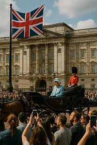 A realistic photograph of a ceremonial royal procession outside Buckingham Palace, with Queen Elizabeth II riding in a traditional black carriage past a crowd of onlookers. The Union Jack flag waves in the foreground, and the palace’s neoclassical façade stands tall behind. The image captures national unity, royal heritage, and the British Monarchy’s symbolic role in a modern state alongside democratic reforms.
