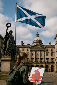A realistic photograph of a young woman standing before Edinburgh City Chambers, holding a clipboard with a red-highlighted map of the UK. The Scottish Saltire flag waves prominently overhead, while a bronze statue stands nearby, symbolising national pride. The image reflects local empowerment, regional autonomy, and fair governance across the UK's nations and local authorities.