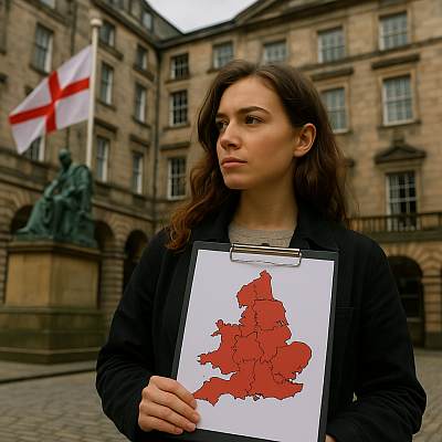 A realistic photo of a young woman standing confidently in front of a neoclassical government building in England, holding a red-marked map of the country on a clipboard. The English flag waves behind her next to a bronze statue, symbolising local empowerment, regional assemblies, and fair representation through proportional voting systems in English local elections.