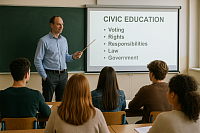A realistic photo of a secondary school classroom where a teacher in a light blue shirt leads a civic education lesson. He gestures to a screen showing topics like voting, law, and responsibilities, while a diverse group of students sits attentively at wooden desks. Natural light from tall windows brightens the room, capturing the spirit of political awareness and informed citizenship in UK education.