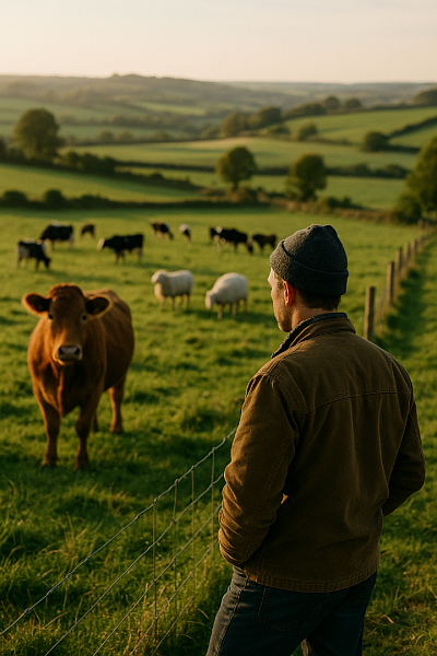 A British farmer stands by a wire fence at sunset, overlooking a green pasture filled with grazing cows and sheep. Rolling countryside hills stretch into the distance under a soft golden sky, representing sustainable and ethical farming in the UK.