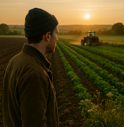 A young British farmer stands in a freshly plowed field at sunset, observing rows of green crops and a red tractor in the distance. The warm light highlights the land's fertility and commitment to sustainable, regenerative farming and domestic food production.
