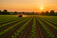 A red tractor travels through a freshly plowed British field at sunset, with rows of vibrant green crops stretching into the distance. The golden sky and tree-lined horizon evoke themes of sustainable agriculture, food security, and regenerative farming.